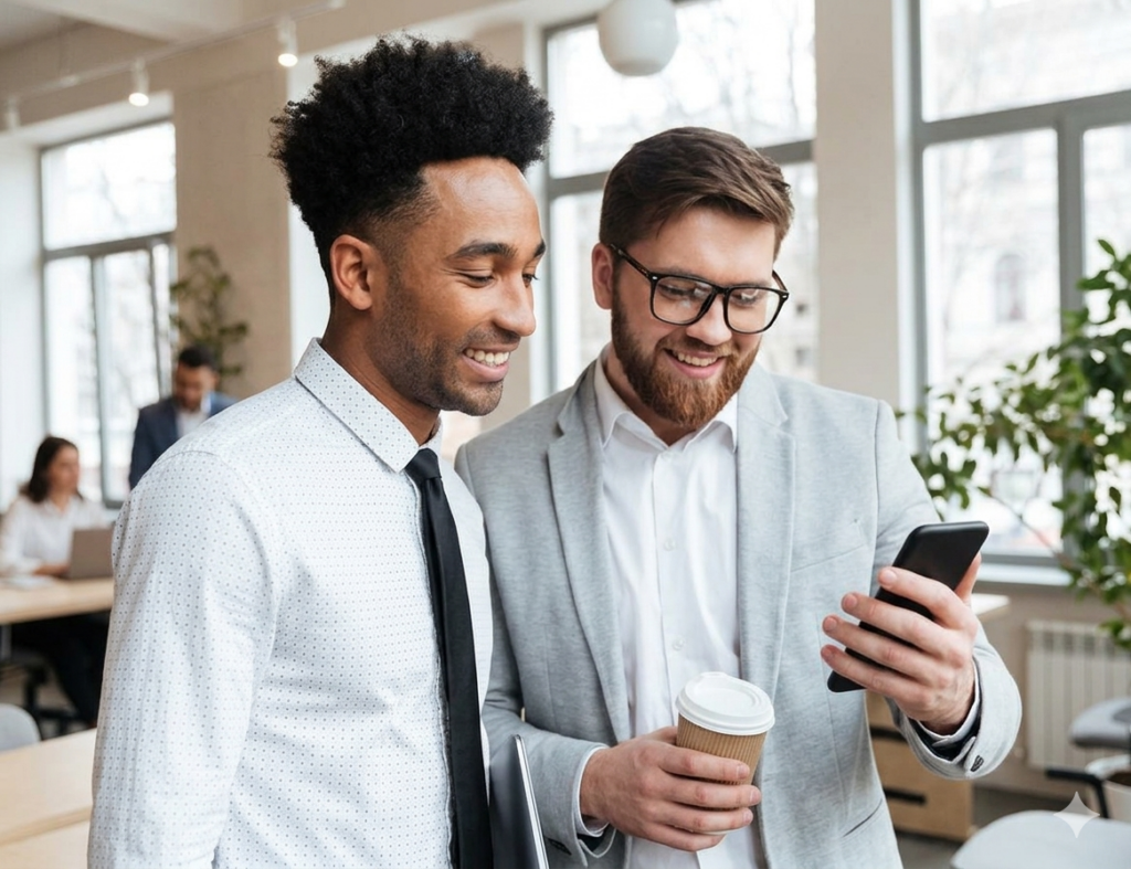 Due professionisti in ufficio consultano uno smartphone